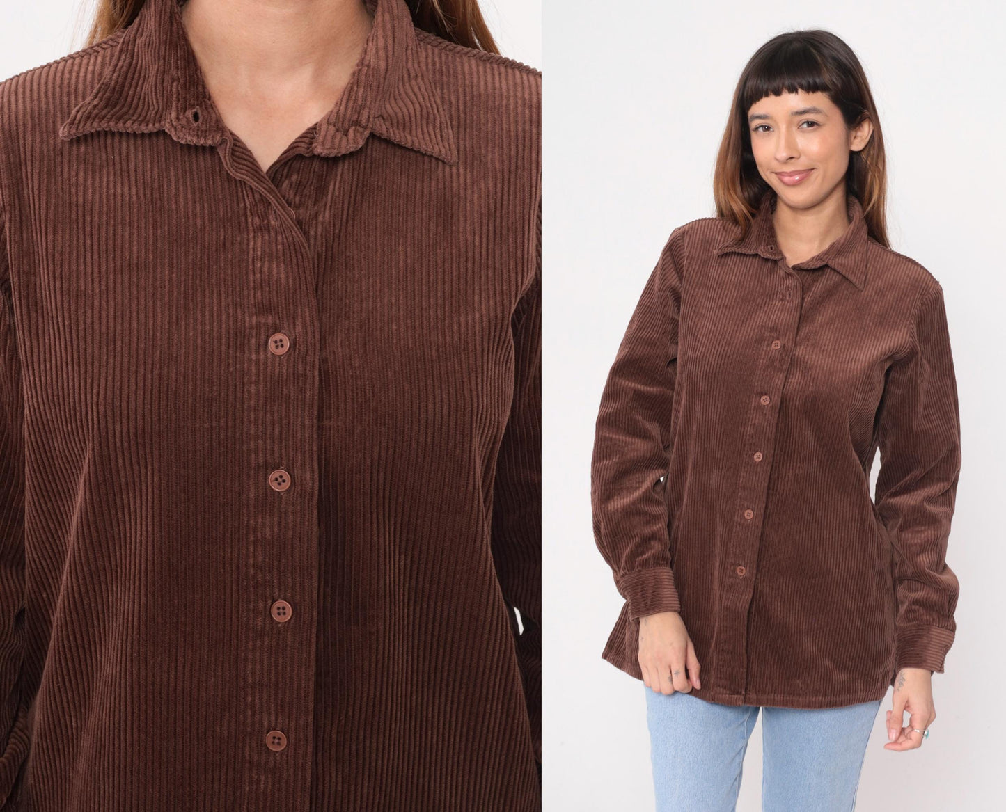 Y2K Brown Corduroy Button-Up Shirt Blair Pointed Collar Long Sleeve Medium