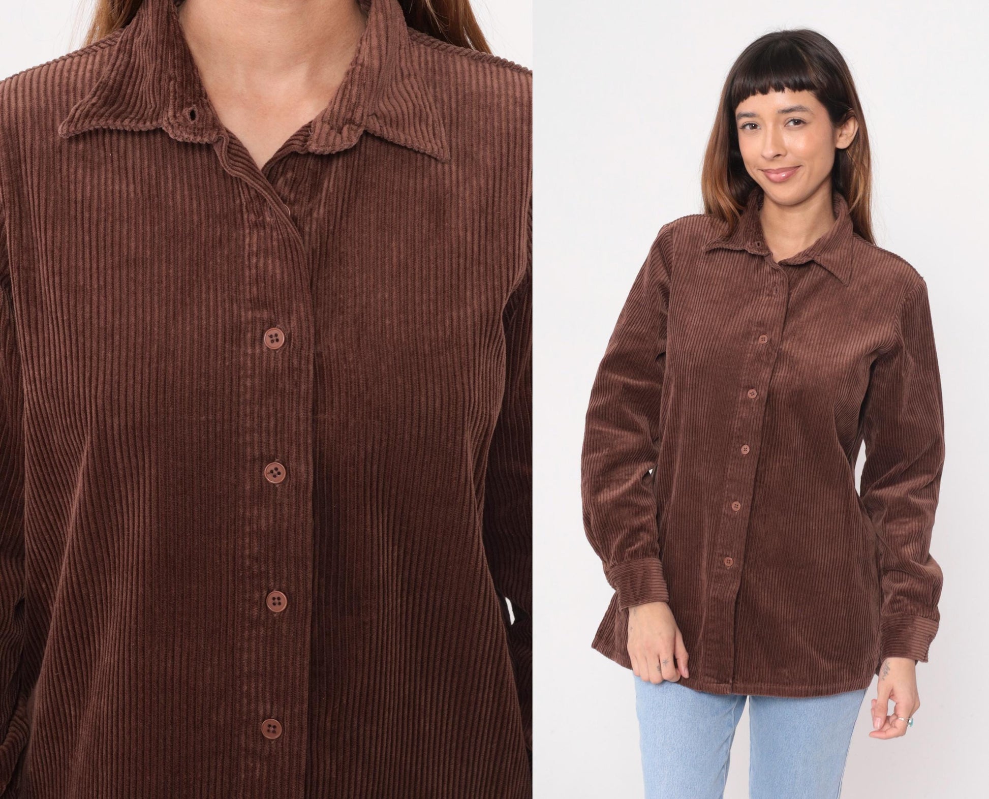 Y2K Brown Corduroy Button-Up Shirt Blair Pointed Collar Long Sleeve Medium