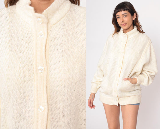 80s Leroy Cream Cardigan Open Lattice Knit Diamond Pattern Medium