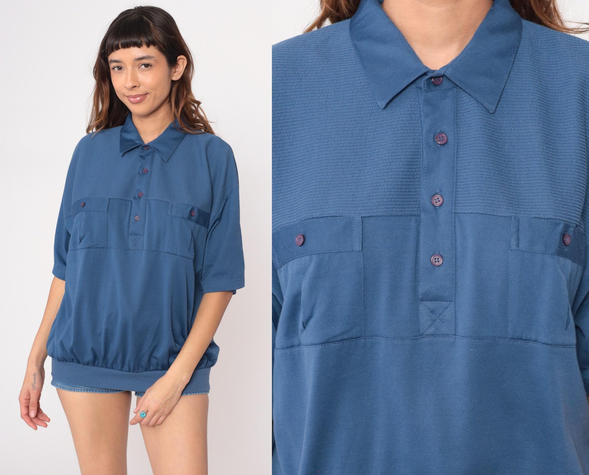 80s Navy Polo Shirt Cotton Blend Waffle Knit Chest Pockets Short Sleeve Large L