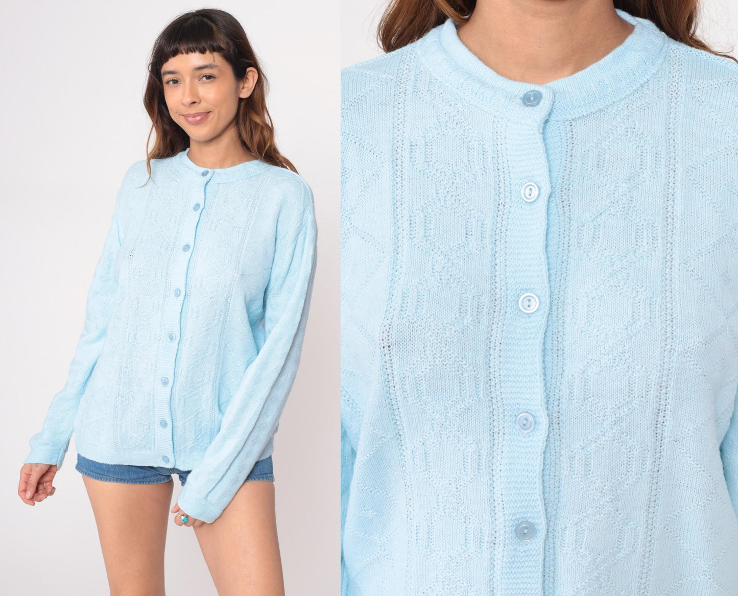 80s Pale Blue Cable Knit Cardigan Button Front Long Sleeve Large L