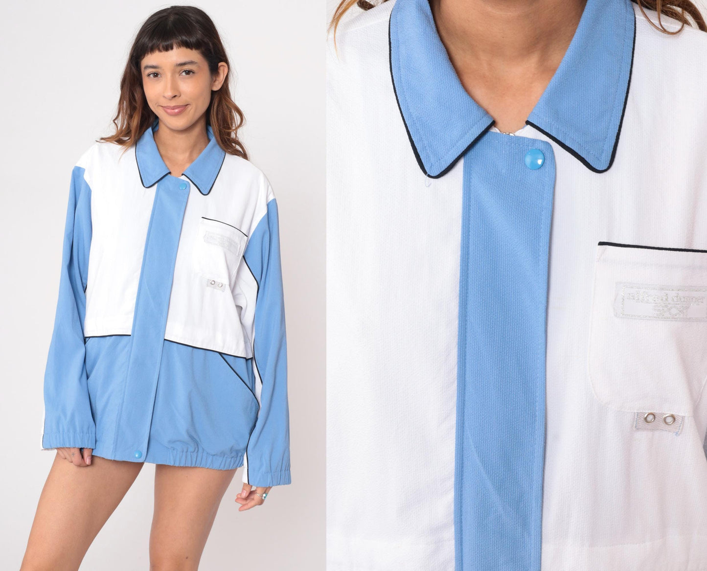 90s Alfred Dunner Color Block Windbreaker Blue White Geometric Jacket Large