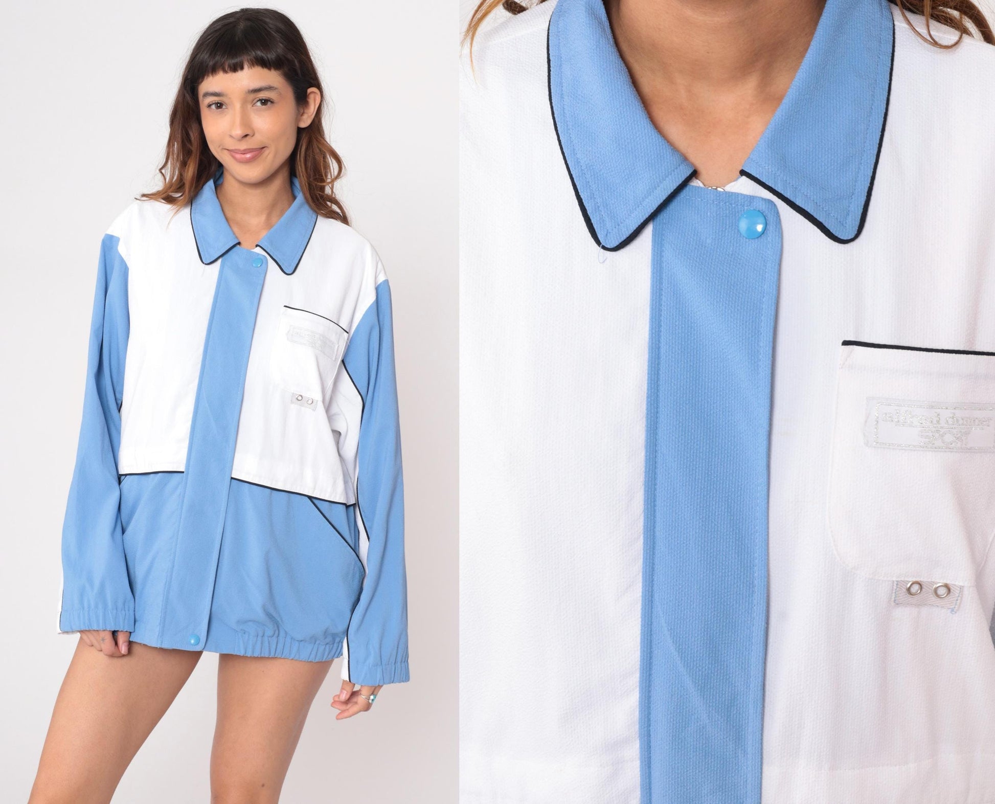 90s Alfred Dunner Color Block Windbreaker Blue White Geometric Jacket Large