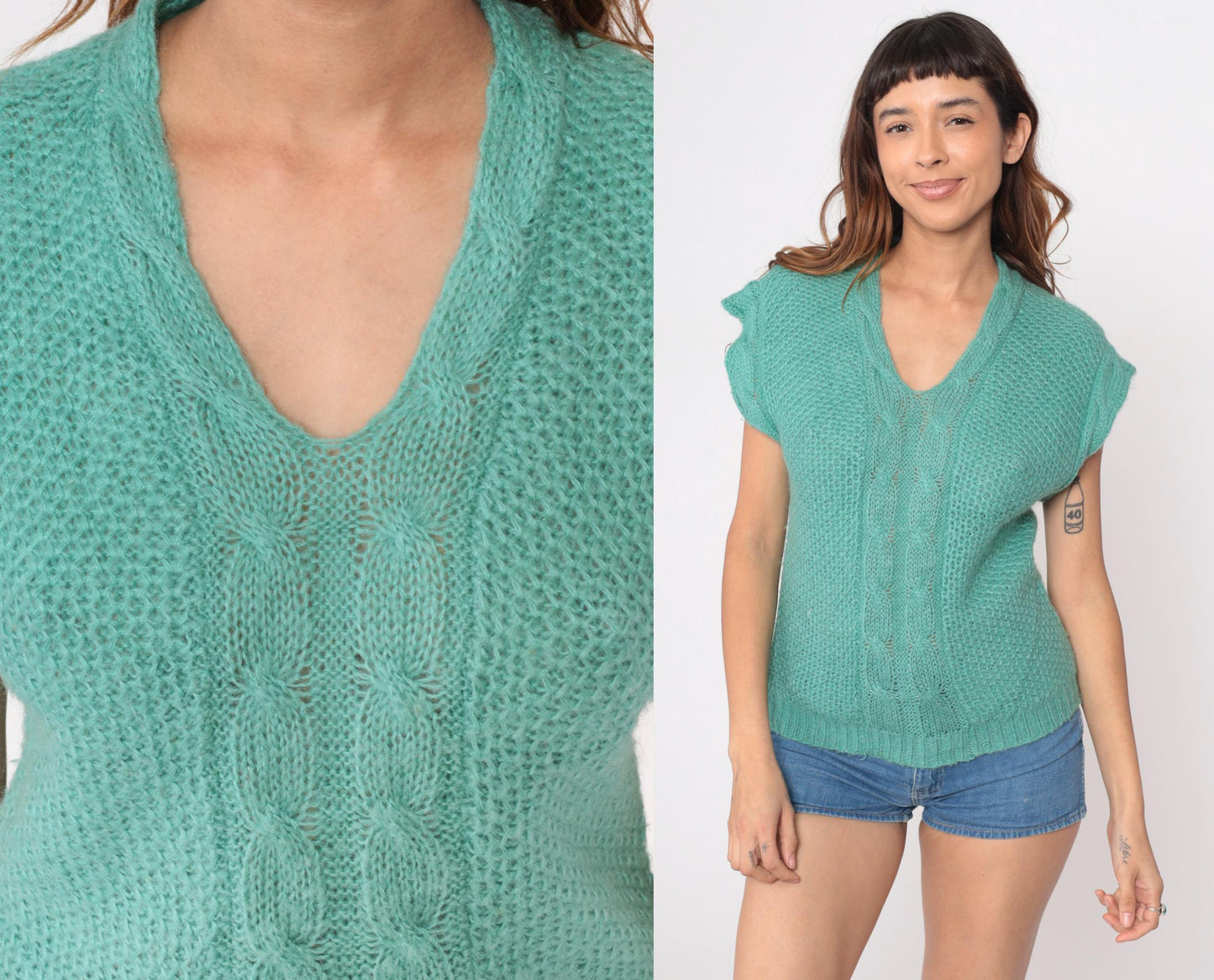 80s Lady Van Huesen Mint Green Cable Knit Sweater Vest V-Neck Small