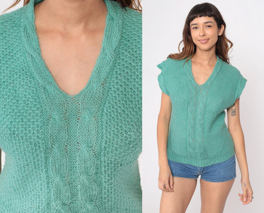 80s Lady Van Huesen Mint Green Cable Knit Sweater Vest V-Neck Small