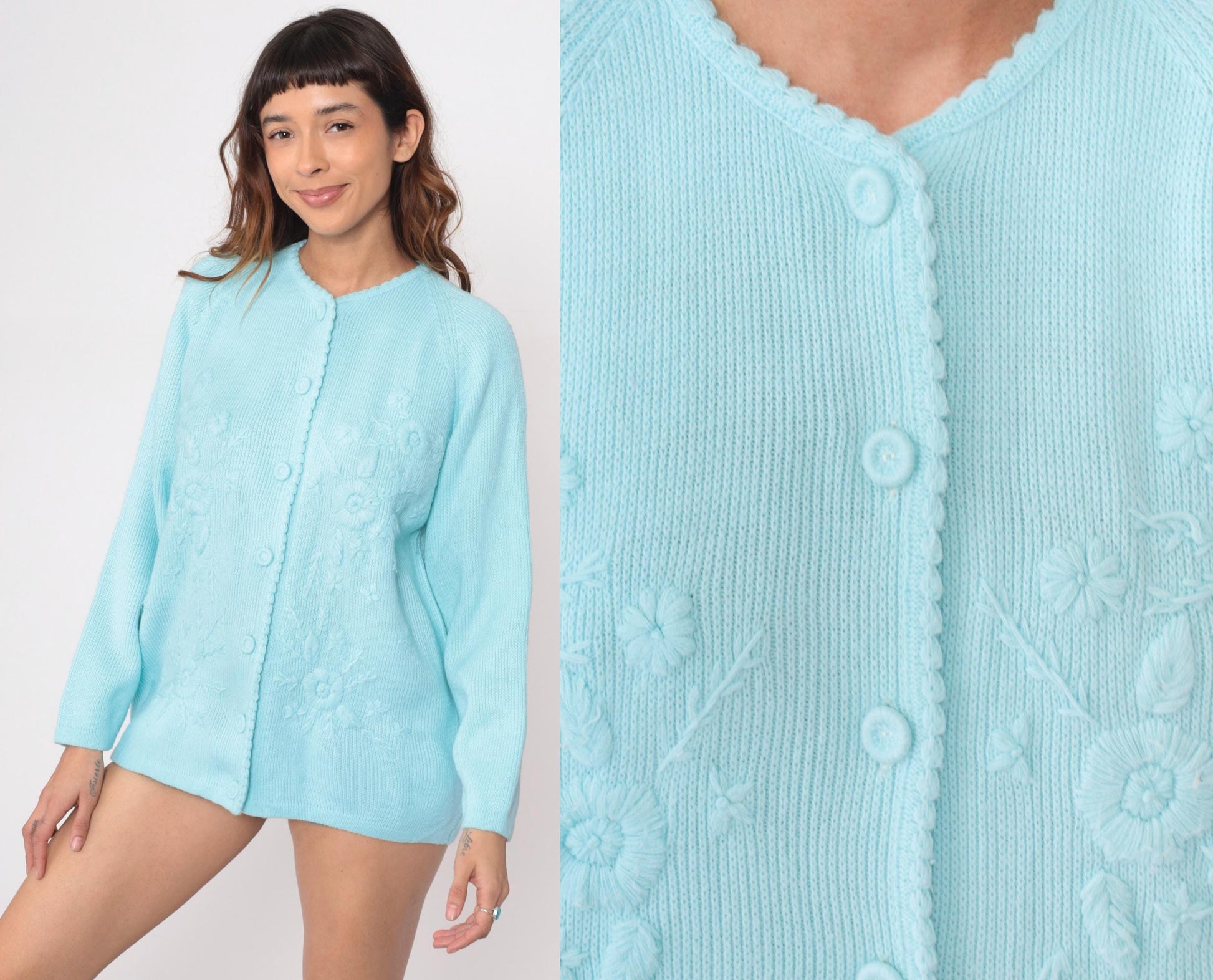 70s Pale Blue Cardigan Embroidered Floral Button Front Knit Medium