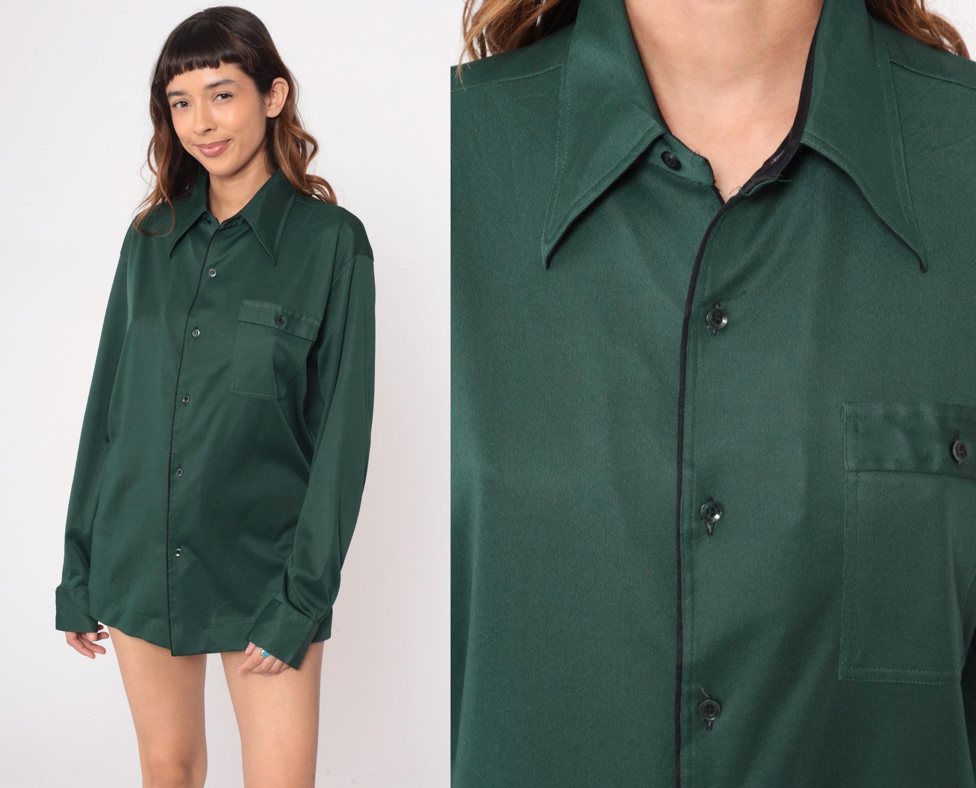 70s Forest Green Button-Front Shirt Long Sleeve Pointed Collar Polyester Large L