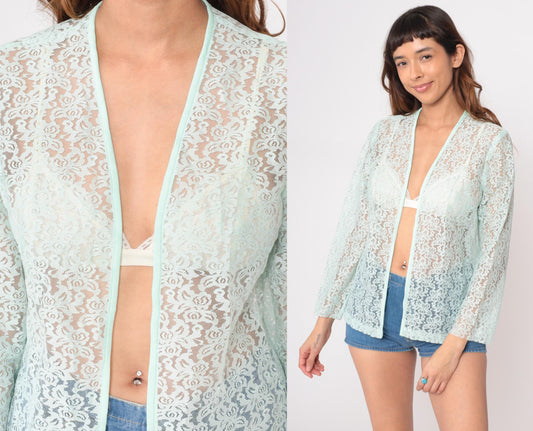 70s Montgomery Ward Mint Lace Cardigan Open Front Floral Small