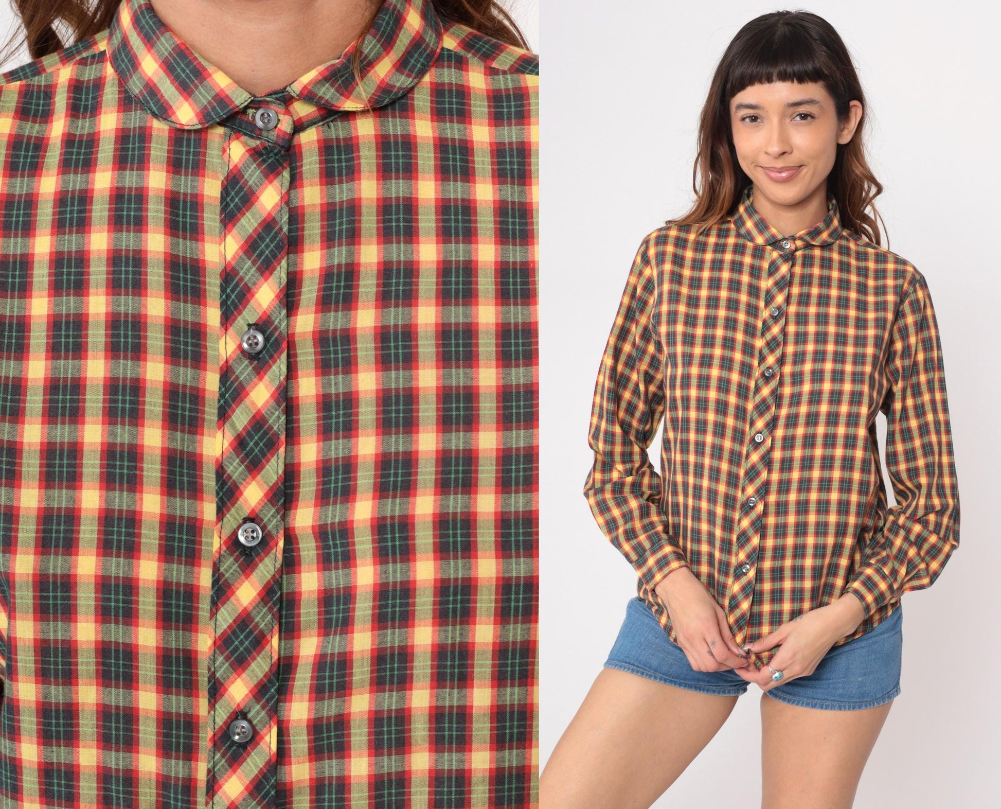 90s Oak Hill Plaid Button-Up Shirt Yellow Red Green Navy Cotton Small