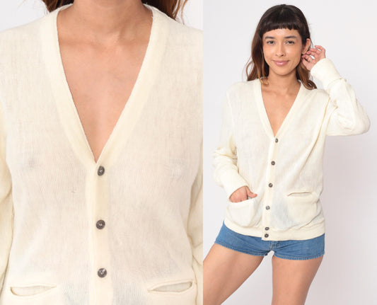 80s Cream Cardigan Button Front V-Neck Patch Pockets Knit Medium