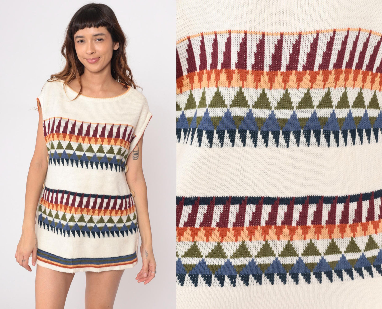 70s Herald Place Geometric Knit Vest Cream Burgundy Orange Blue Large