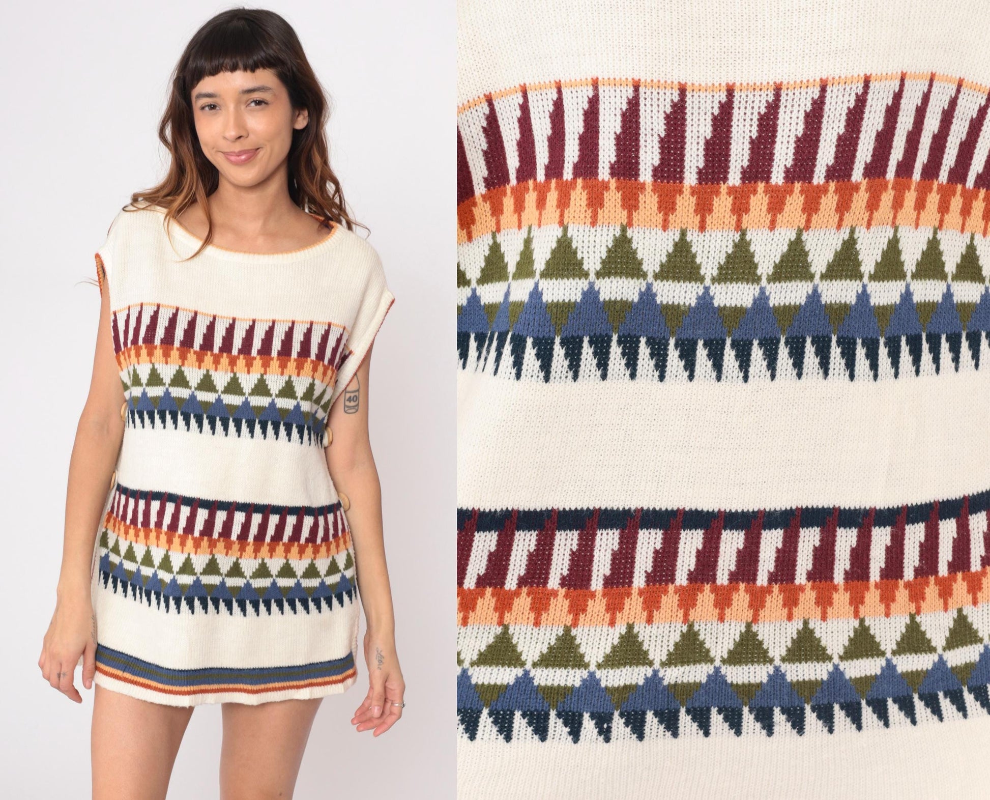 70s Herald Place Geometric Knit Vest Cream Burgundy Orange Blue Large