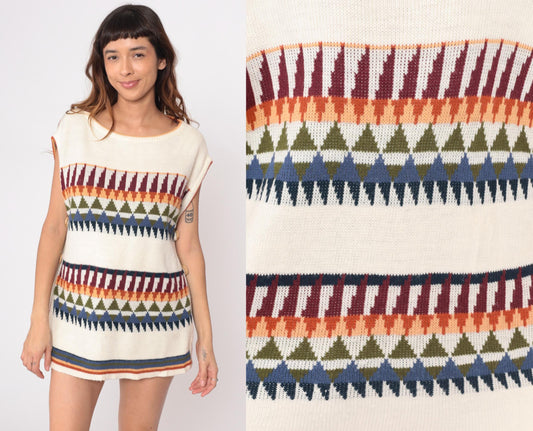 70s Herald Place Geometric Knit Vest Cream Burgundy Orange Blue Large