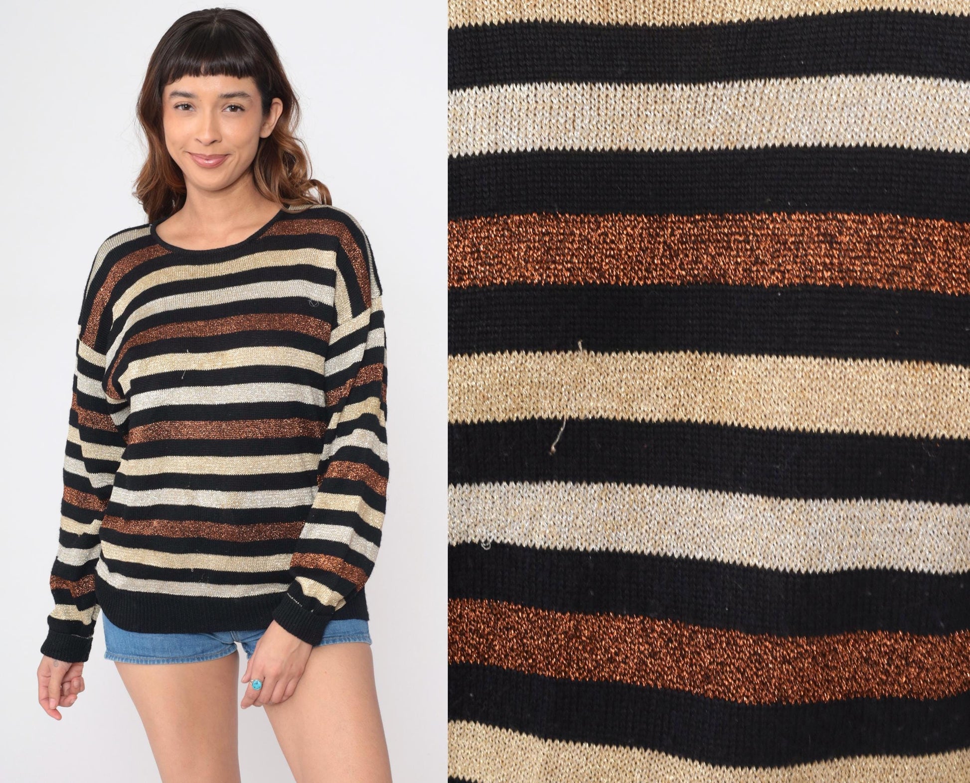 80s Casual Corner Metallic Striped Wool Sweater Black Cream Copper Medium