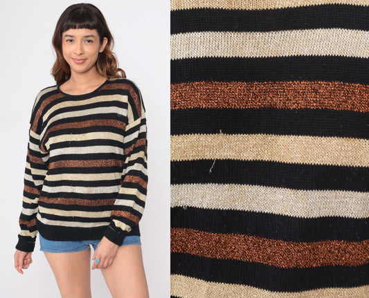 80s Casual Corner Metallic Striped Wool Sweater Black Cream Copper Medium