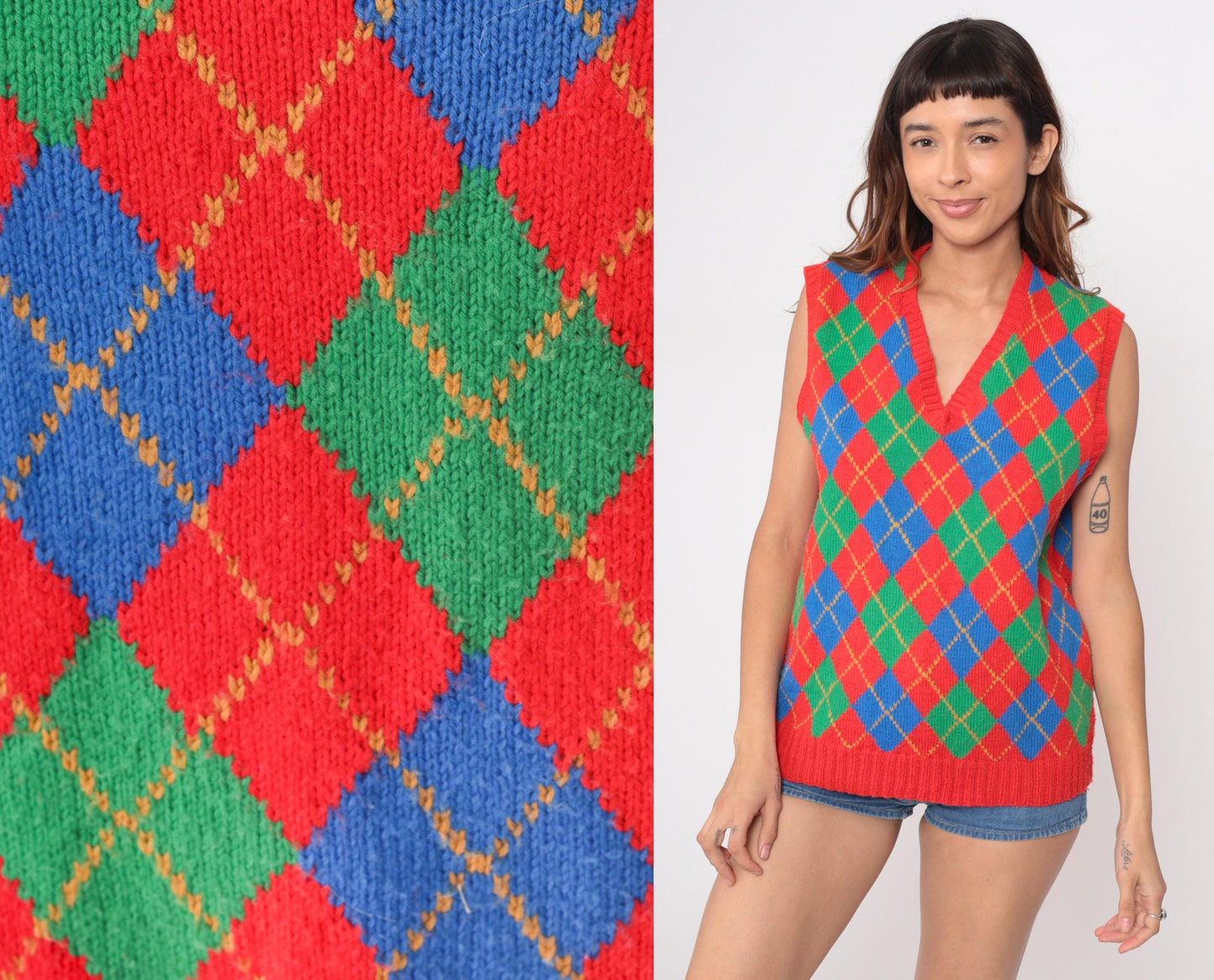 80s Adrie Matheson Hand Knit Argyle Vest V-Neck Multicolor Diamond Medium