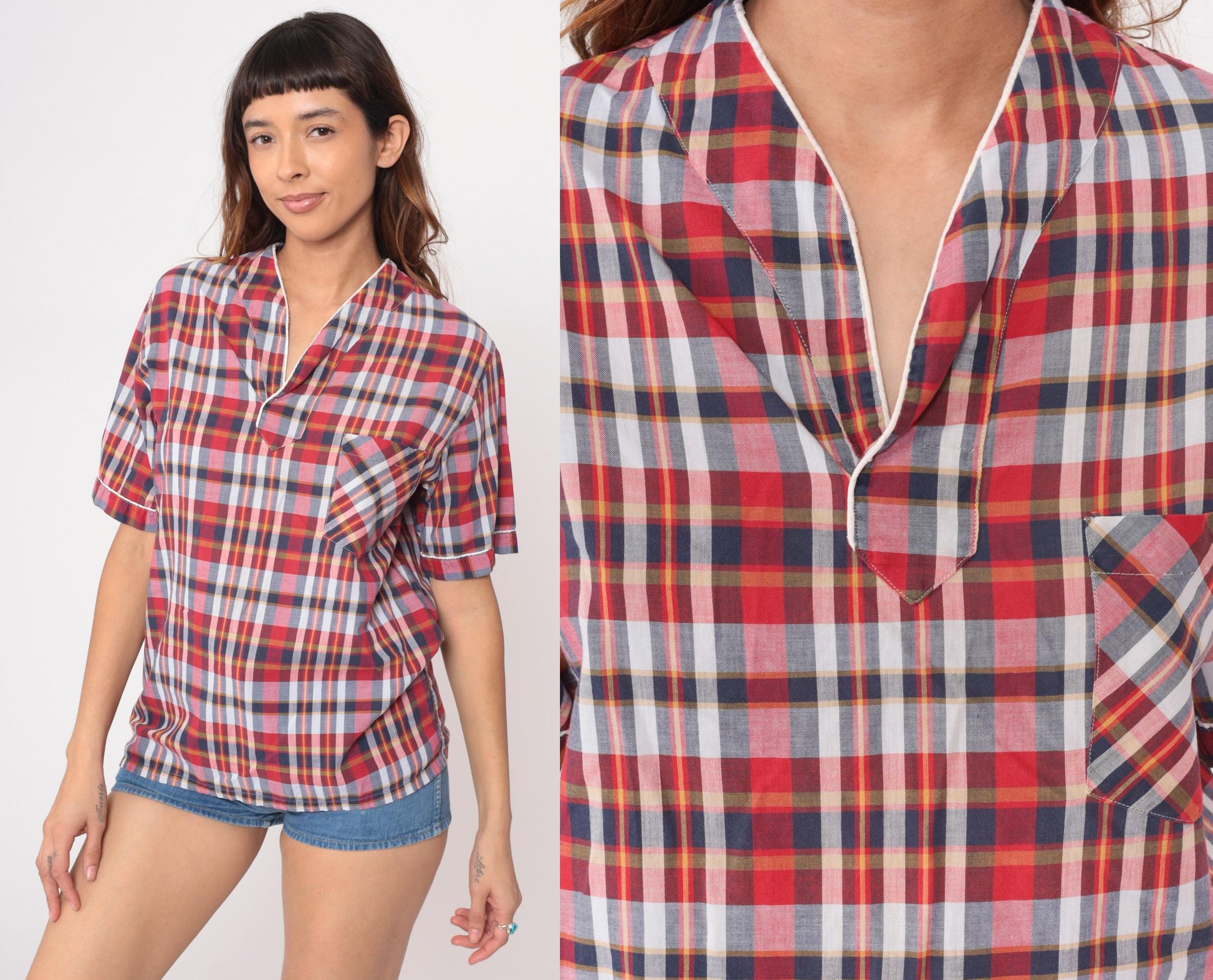 80s Sears Plaid Button-Down Shirt Red White Blue Cotton Small