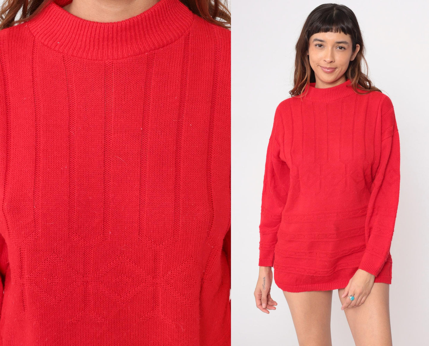 80s Mathias Coral Red Cable Knit Mock Neck Sweater Medium M