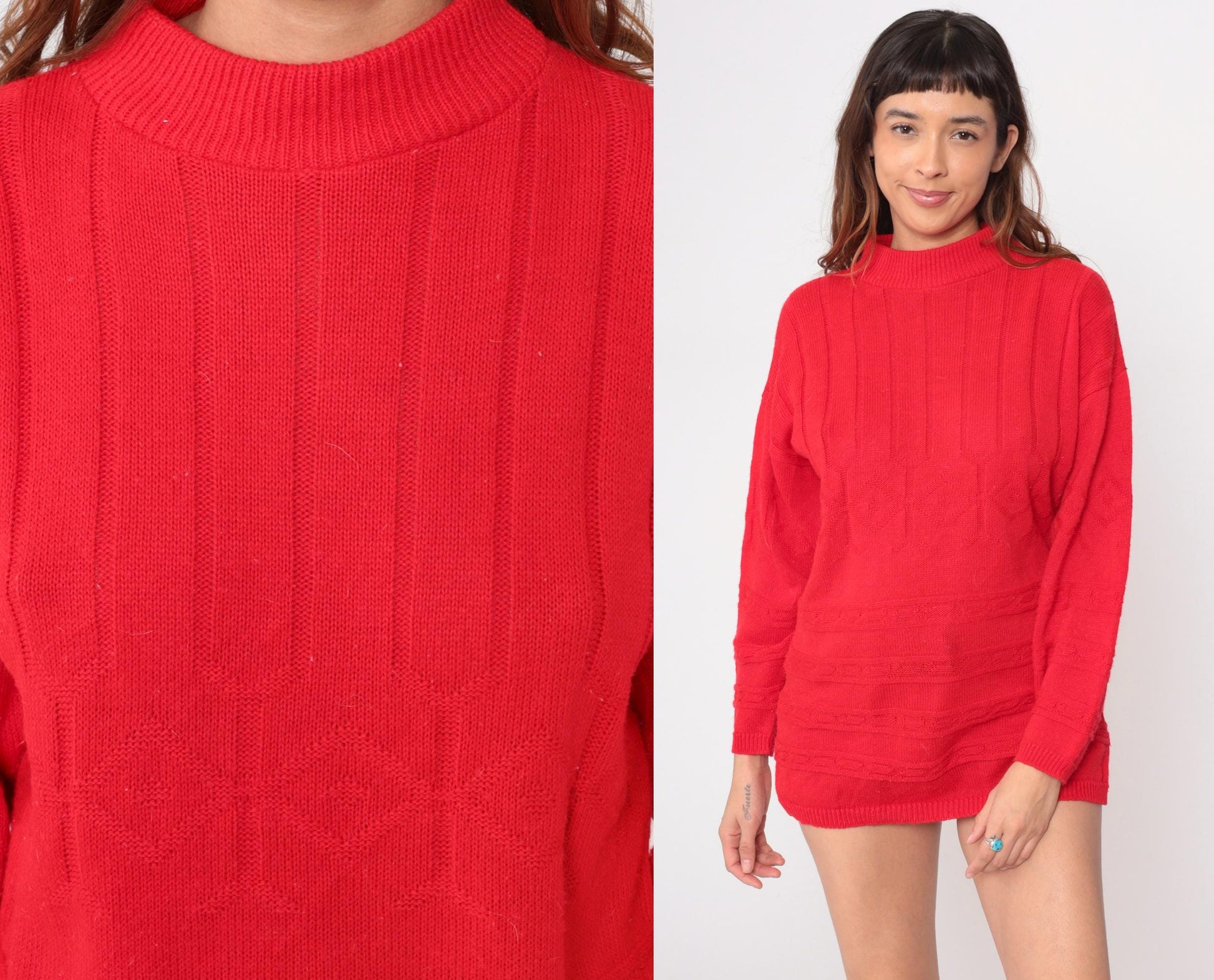 80s Mathias Coral Red Cable Knit Mock Neck Sweater Medium M