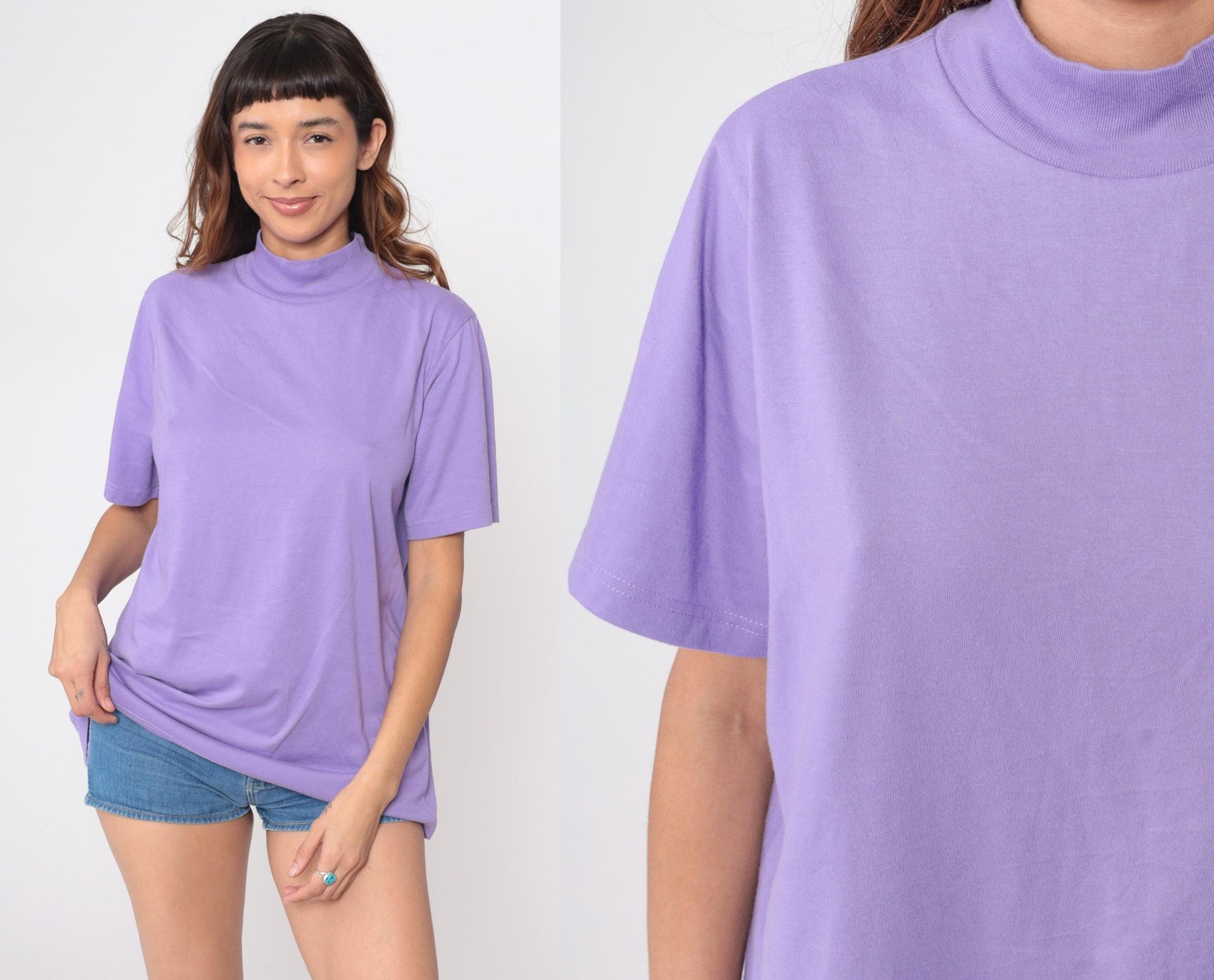 90s Roamans Lavender Mock Turtleneck Short Sleeve Cotton Top Large