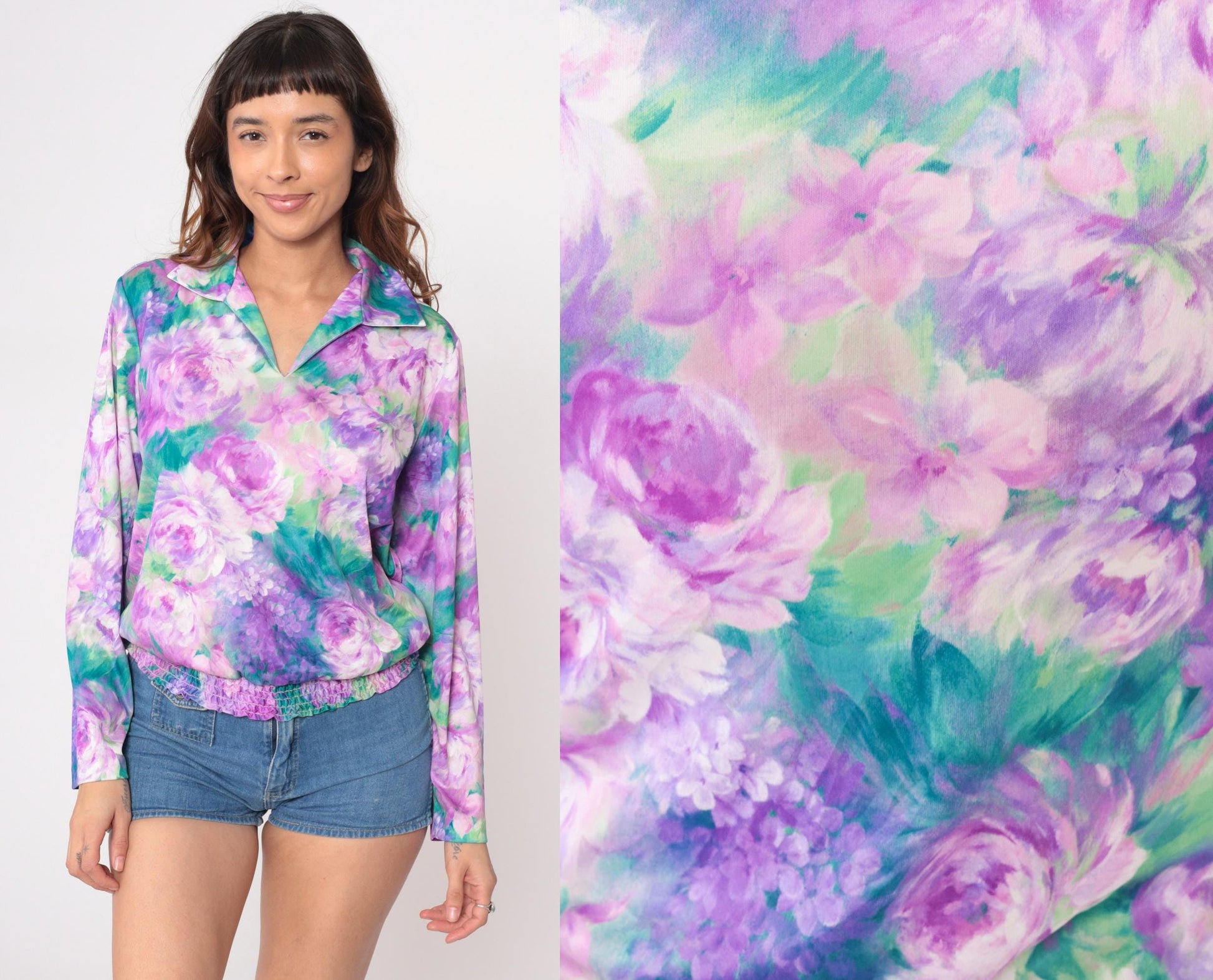 80s Anthony Richards Floral Blouse Purple Lavender Rose Print V-Neck Extra Large