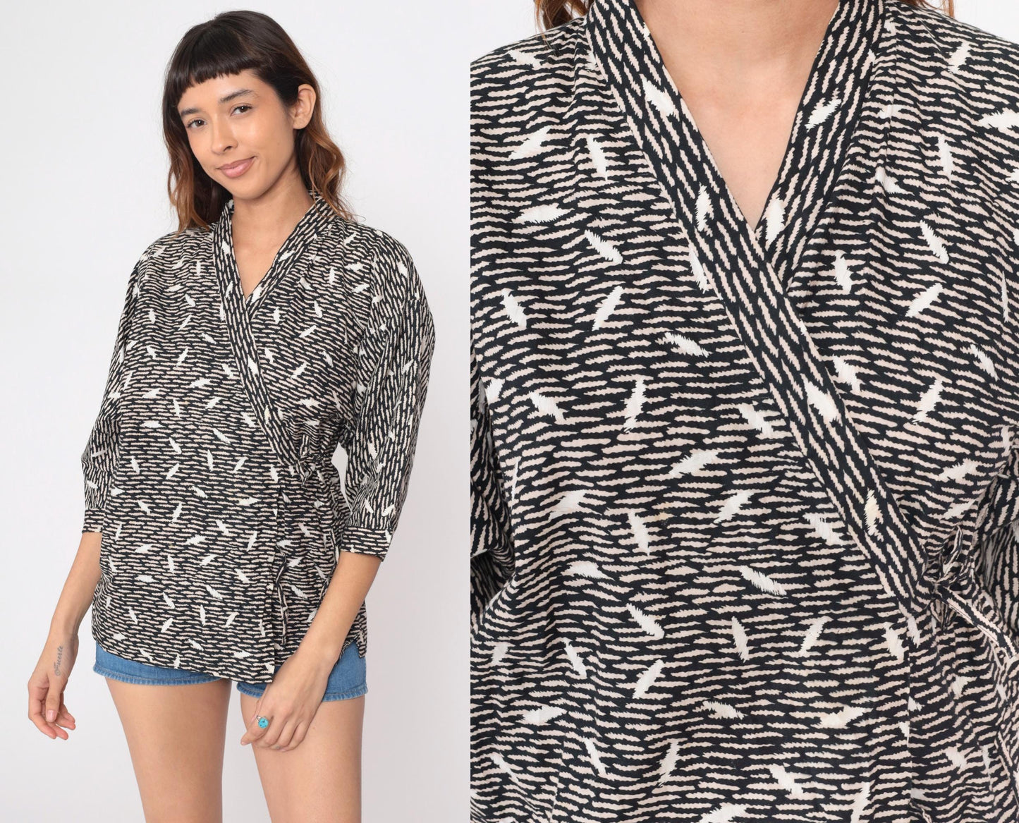 80s Black Cream Abstract Wrap Kimono Blouse Cotton Tie Waist Medium