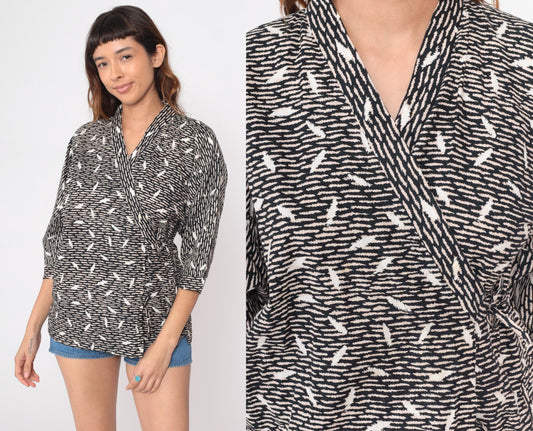 80s Black Cream Abstract Wrap Kimono Blouse Cotton Tie Waist Medium