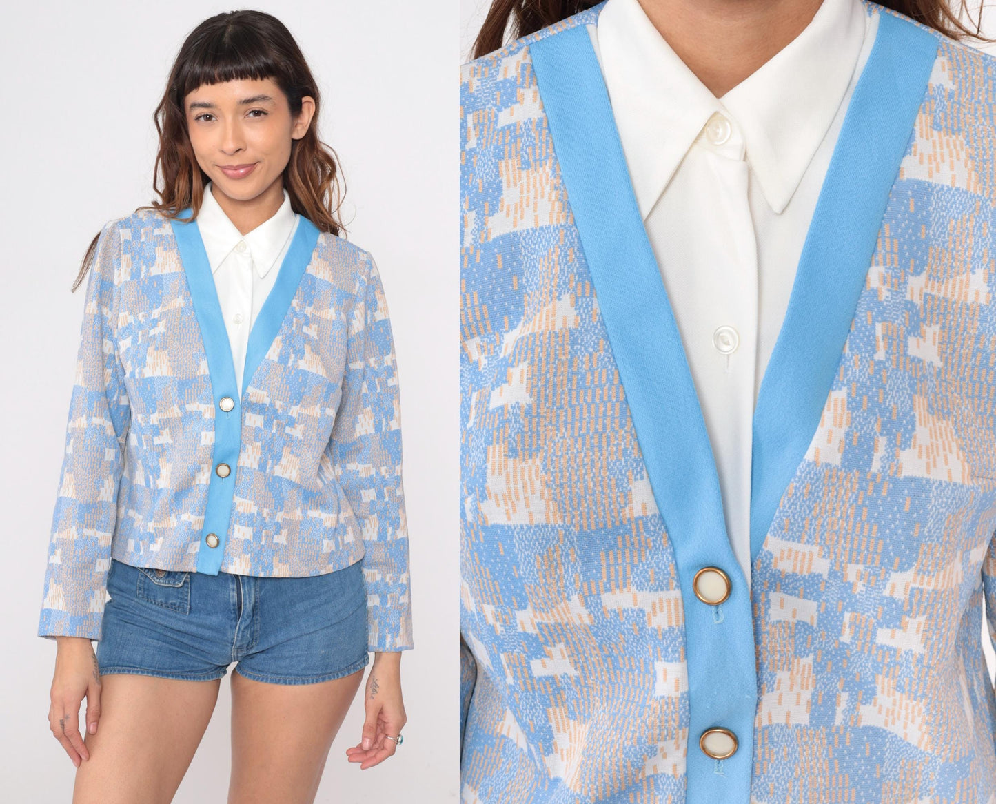 70s Geometric Pixelated Blazer Blue Cream Tan Notched Collar Cropped Medium