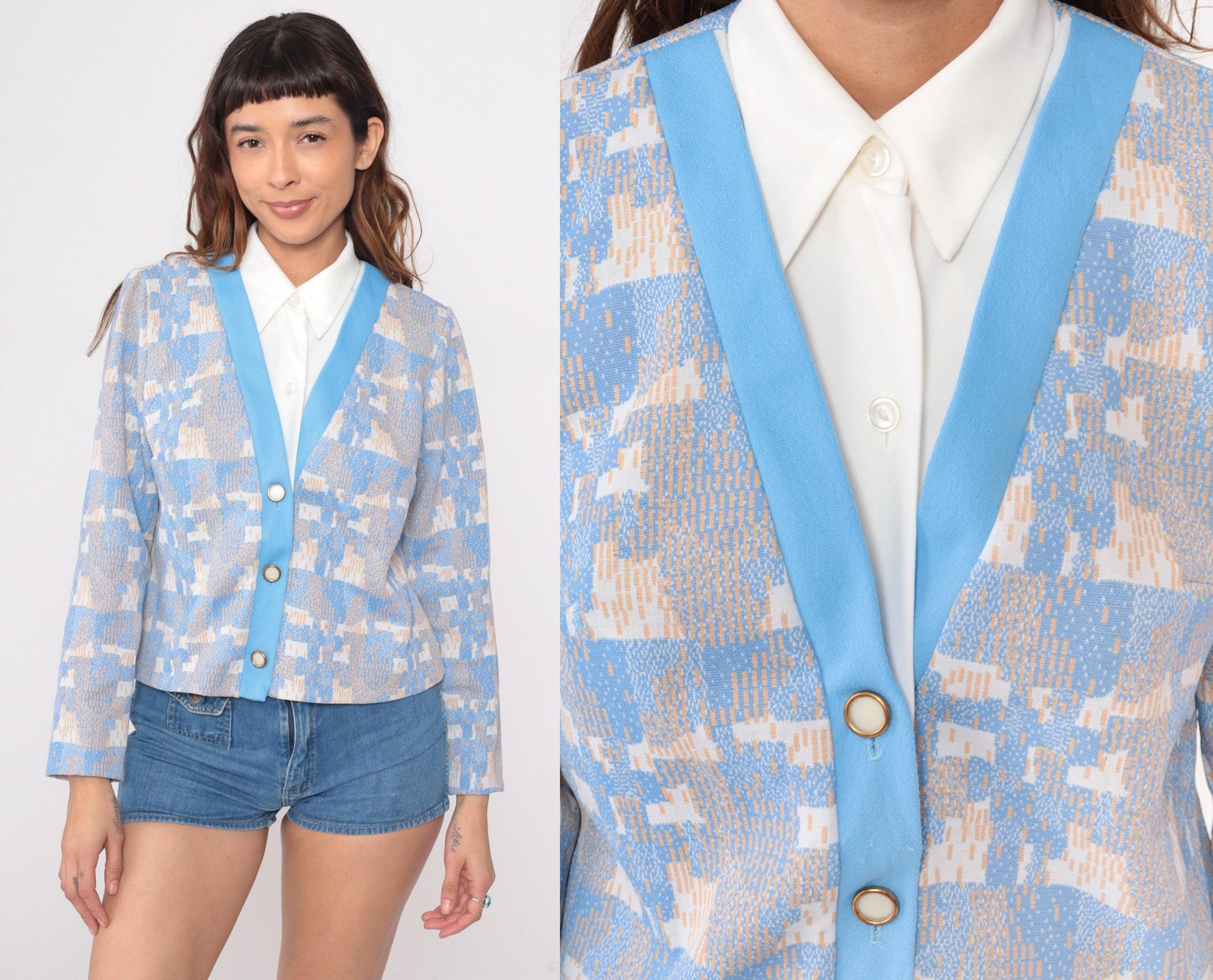 70s Geometric Pixelated Blazer Blue Cream Tan Notched Collar Cropped Medium
