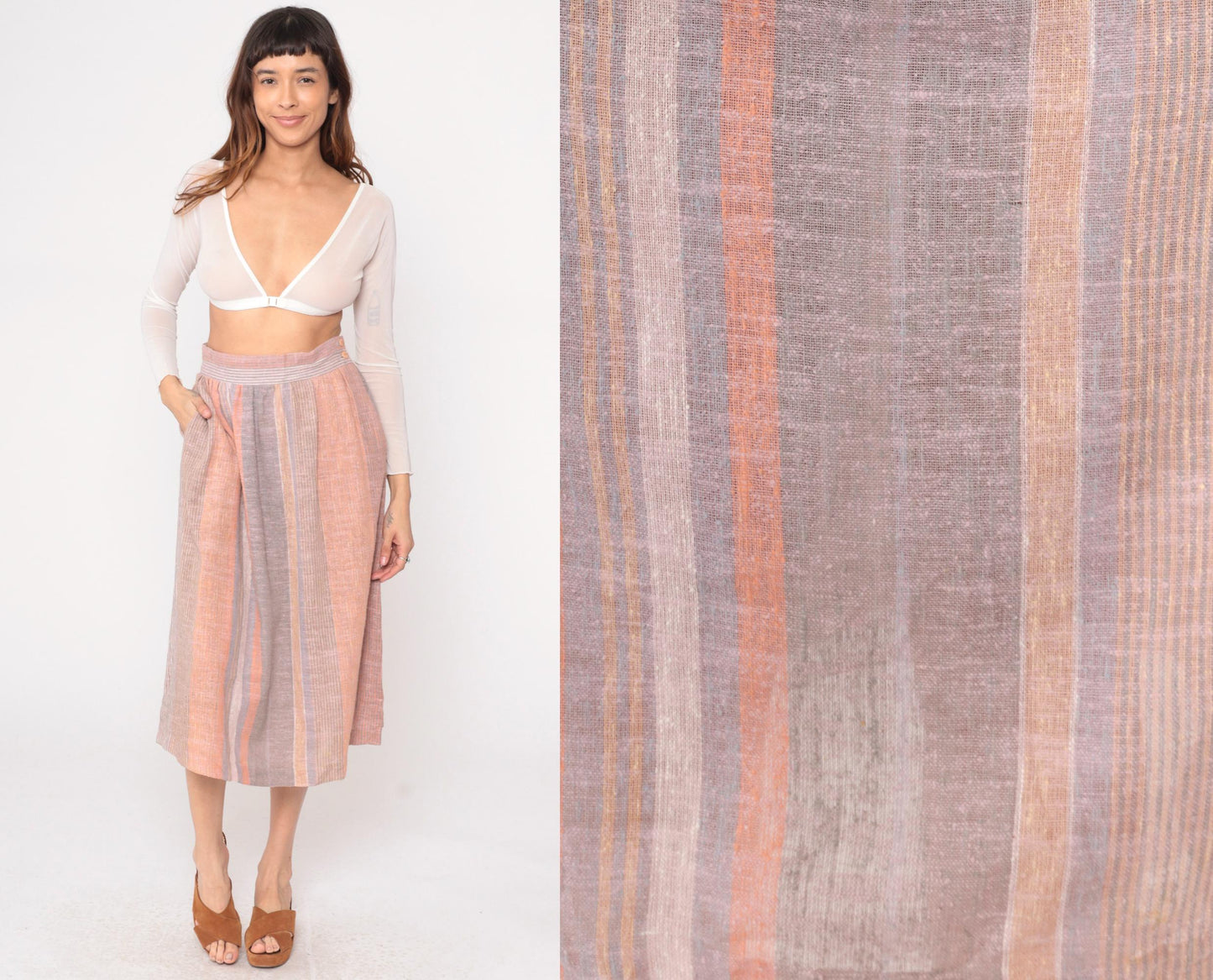 80s Striped Midi Skirt Peach Grey Cream Elastic Waist Pockets Small