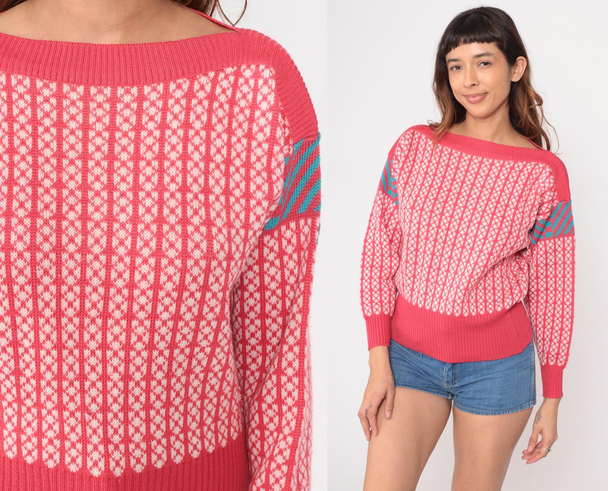 80s Demetre Wool Fair Isle Sweater Pink Geometric Boat Neck Medium M