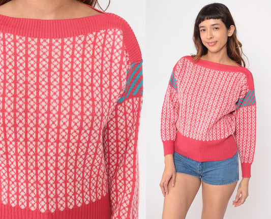 80s Demetre Wool Fair Isle Sweater Pink Geometric Boat Neck Medium M