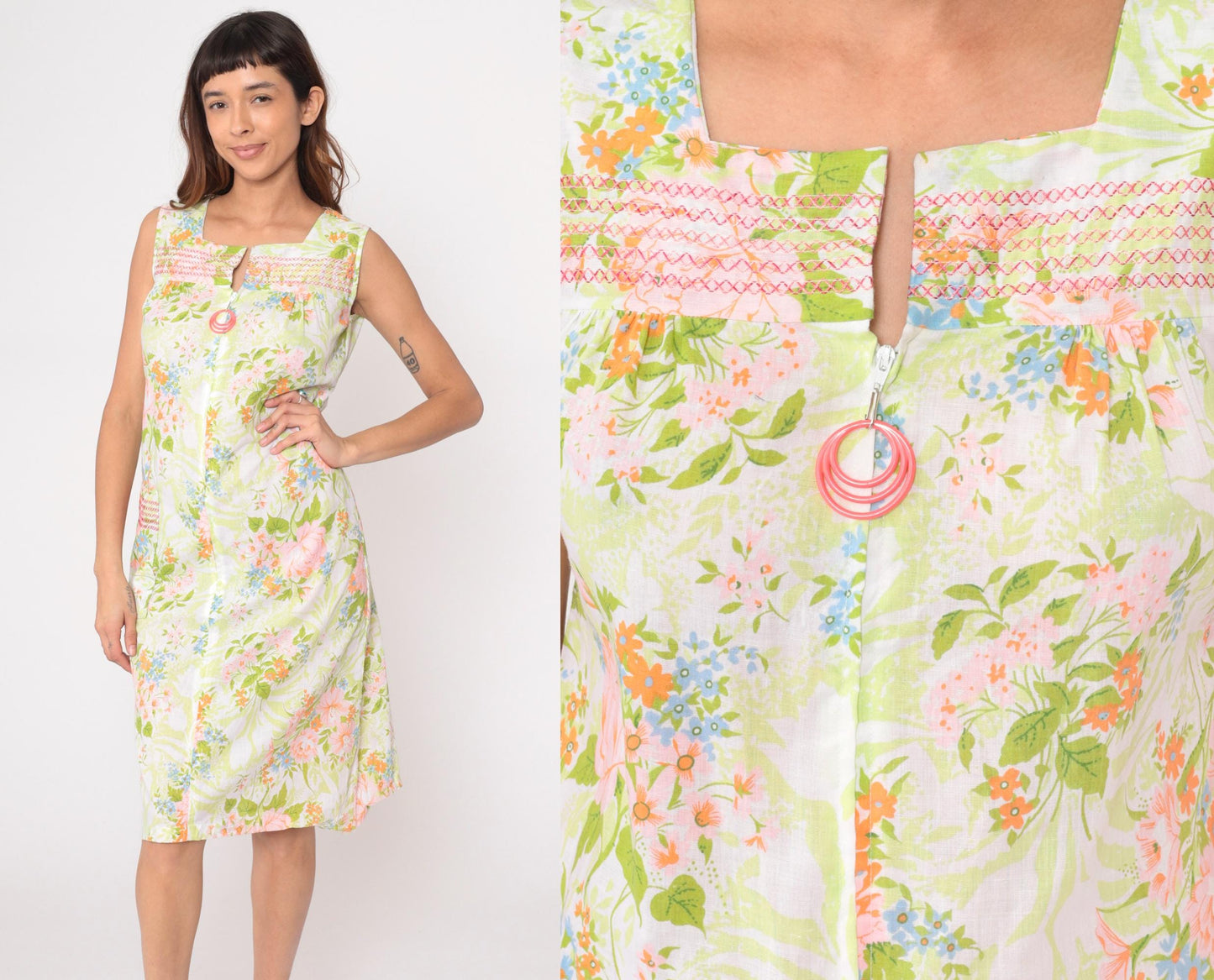 70s JC Penney Floral Maxi Dress Square Neck Smocked Yoke White Extra Small XS