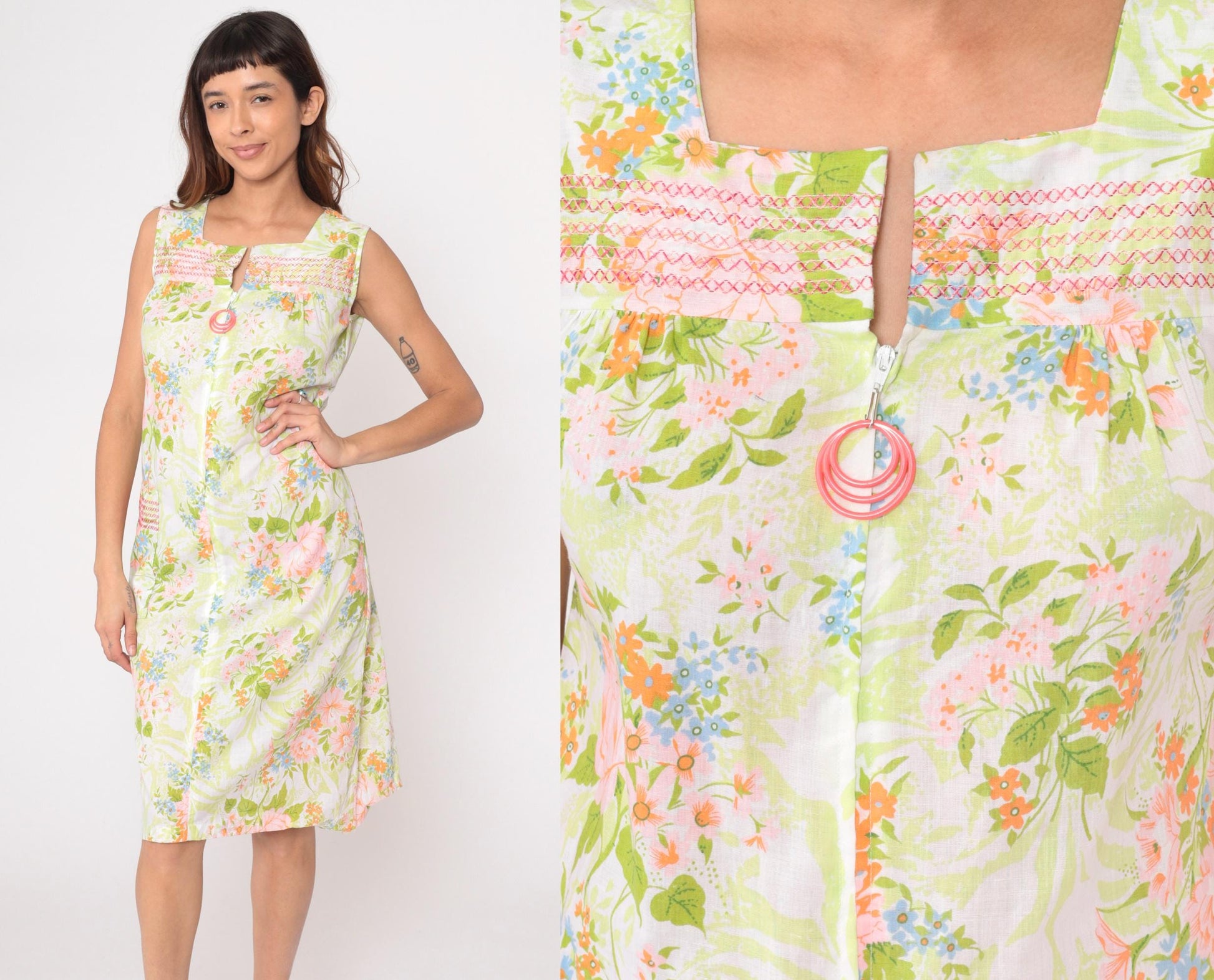 70s JC Penney Floral Maxi Dress Square Neck Smocked Yoke White Extra Small XS