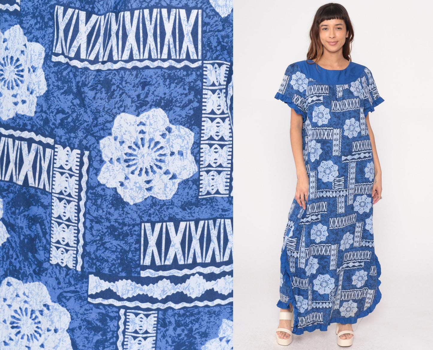 80s Blue White Geometric Tribal Maxi Dress Flutter Sleeve Scoop Neck Medium