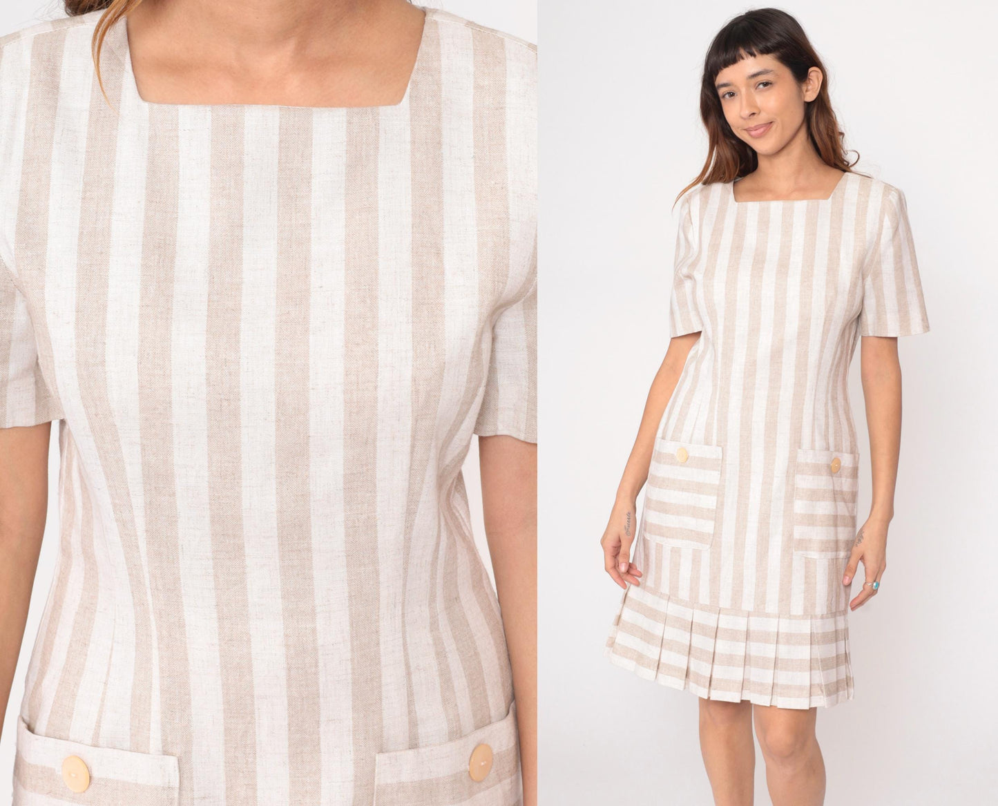 80s Jessica Howard Striped Dress Square Neckline Pleated Knee-Length Beige Medium
