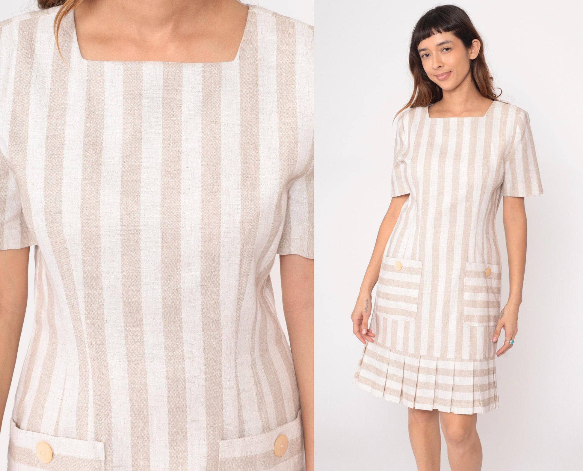80s Jessica Howard Striped Dress Square Neckline Pleated Knee-Length Beige Medium