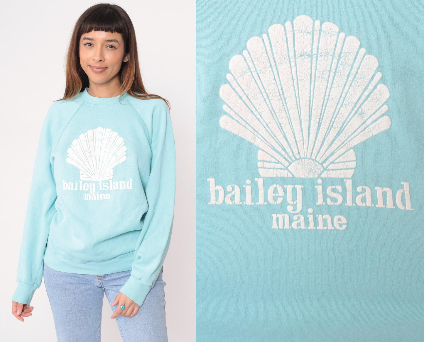 80s Tultex Bailey Island Maine Seashell Raglan Sweatshirt Light Blue Large