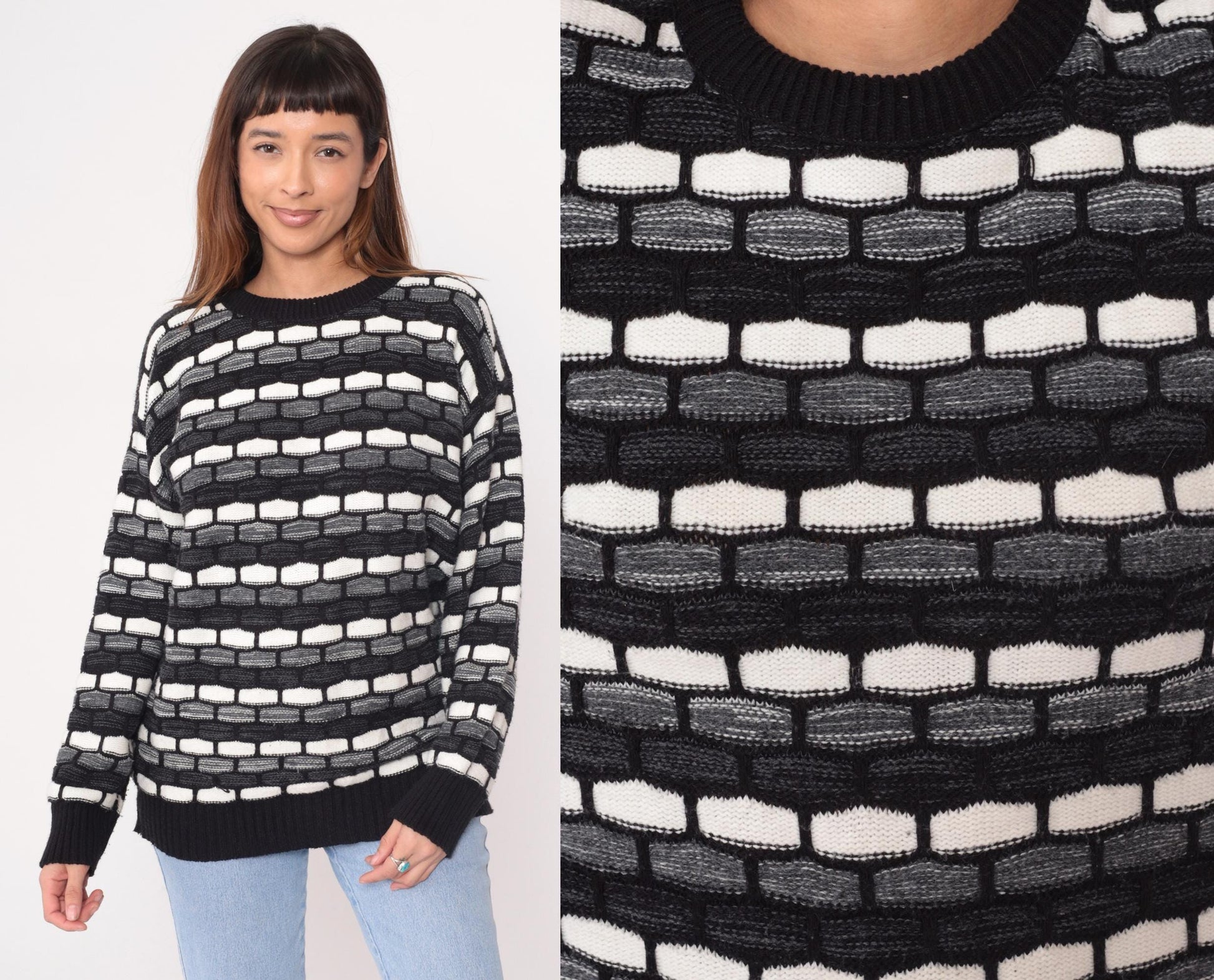90s Checkpoint Geometric Knit Sweater Black White Grey Brick Pattern Large L