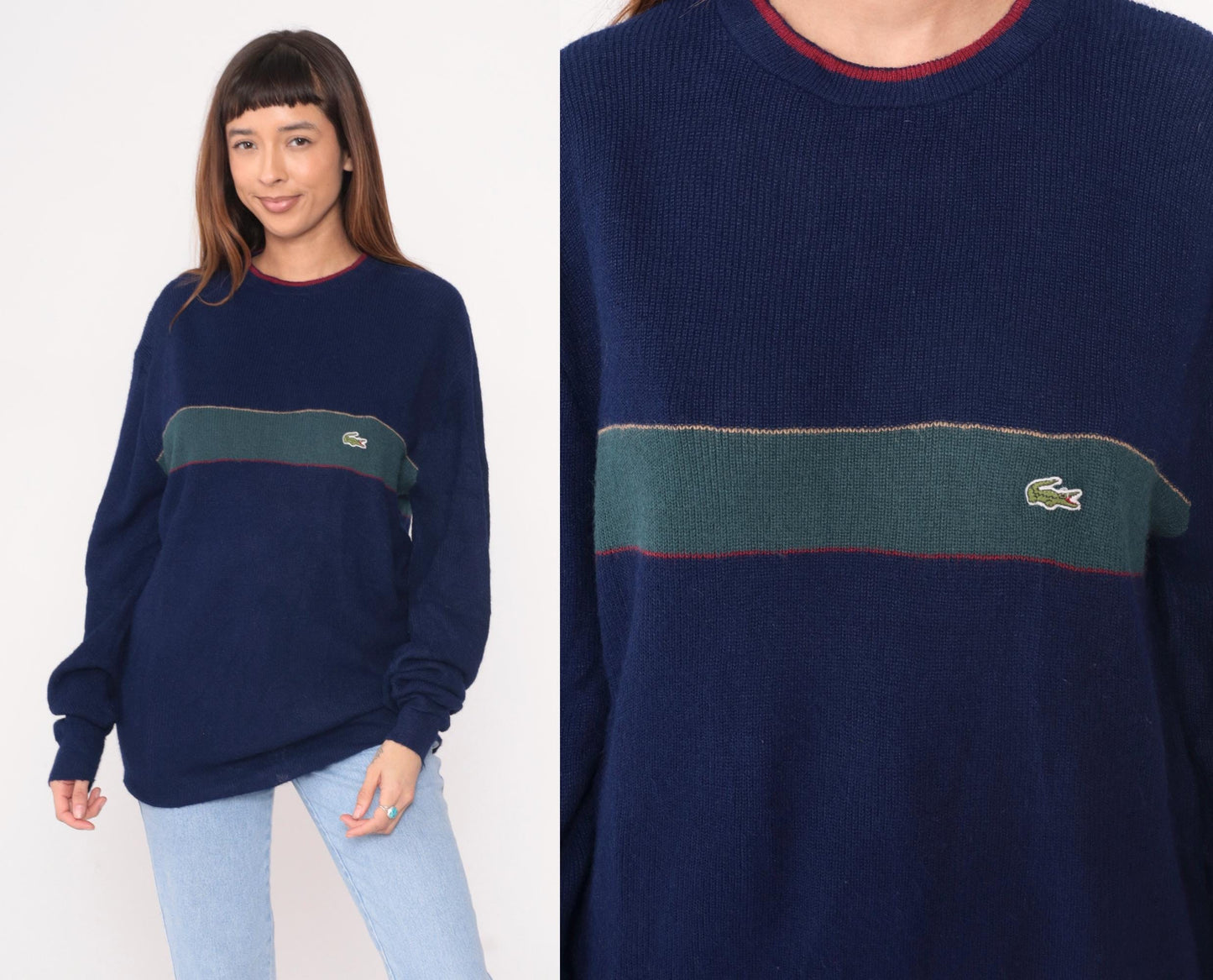 80s Izod Lacoste Navy Sweater Green Stripe Crocodile Crew Neck Large