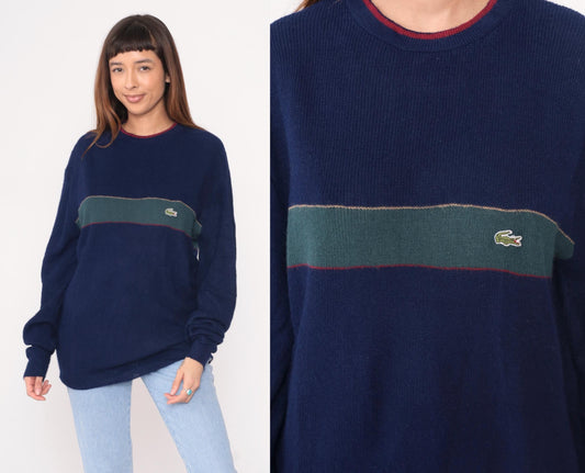 80s Izod Lacoste Navy Sweater Green Stripe Crocodile Crew Neck Large