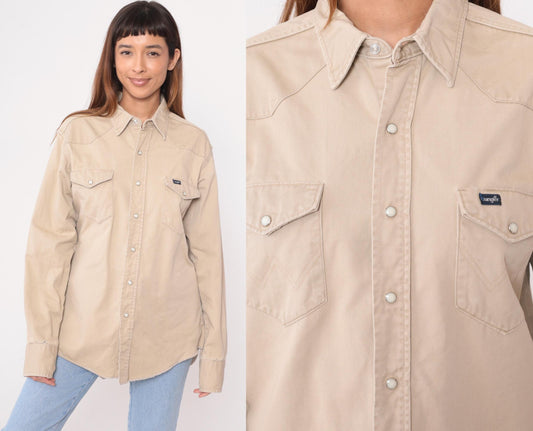 90s Wrangler Western Shirt Beige Cotton Pearl Snap Workwear Extra Large XL