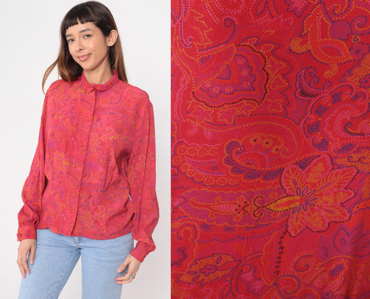 90s Evan Picone Coral Paisley Blouse Long Sleeve Pointed Collar Medium