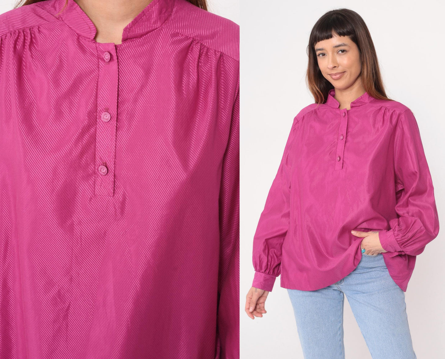 80s Pierre Cardin Magenta Button Blouse Diagonal Stripe Long Sleeve Extra Large