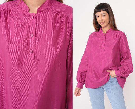80s Pierre Cardin Magenta Button Blouse Diagonal Stripe Long Sleeve Extra Large