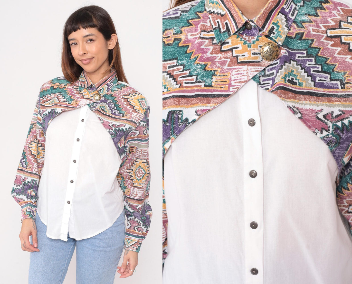90s Rough Rider Western Shirt Southwestern Geometric Print Cotton Medium