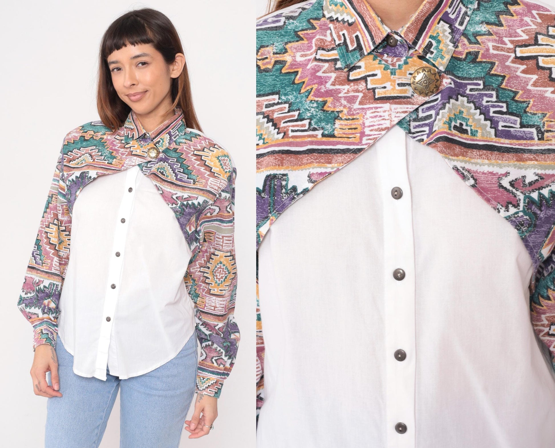 90s Rough Rider Western Shirt Southwestern Geometric Print Cotton Medium