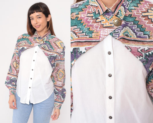 90s Rough Rider Western Shirt Southwestern Geometric Print Cotton Medium