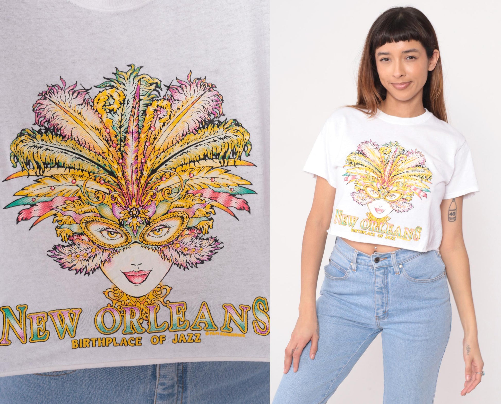 90s New Orleans Jazz Mardi Gras Crop Top White Graphic Tee Small S