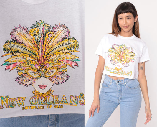 90s New Orleans Jazz Mardi Gras Crop Top White Graphic Tee Small S